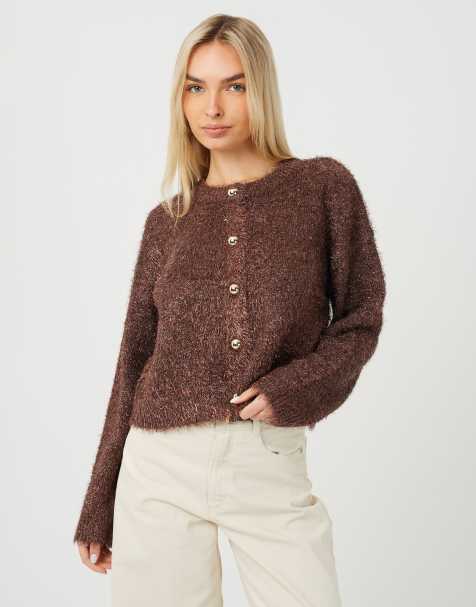 Brave Soul gilet en maille duveteuse à effet tinsel couleur chocolat - view 1