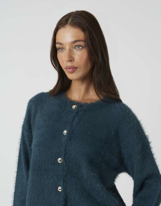 Brave Soul gilet en maille duveteuse à manches longues bleu sarcelle, 4 de 4