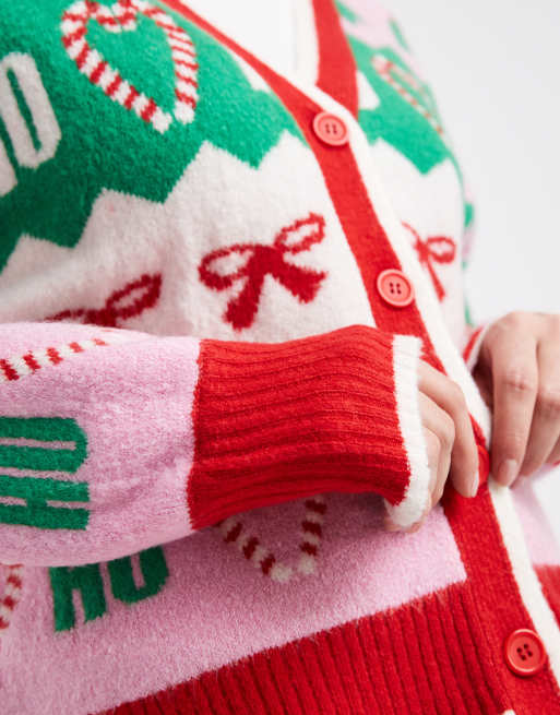 Brave Soul - Gilet motif de Noël à bords contrastés - Rose et vert, 2 de 4
