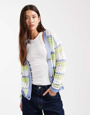 Gilet rayé en maille ajourée - Bleu XL