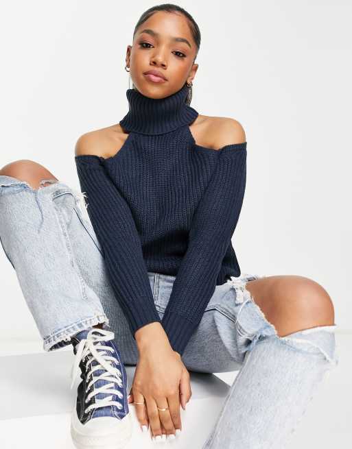 Blue cold shoulder clearance sweater