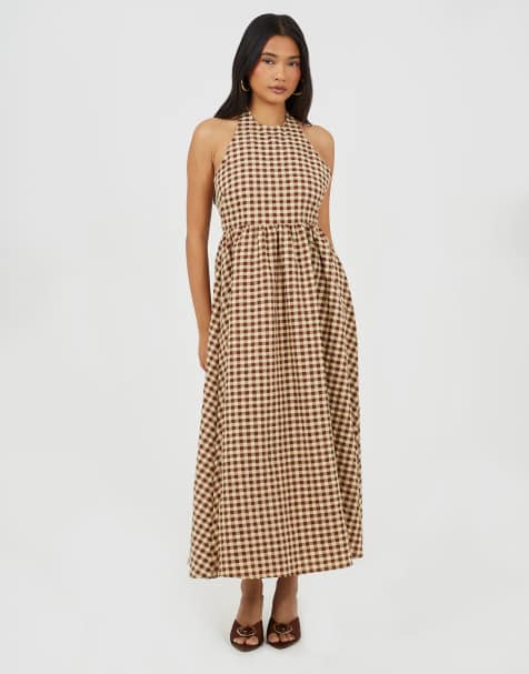 Brave Soul Gingham halterneck maxi dress in brown - view 1