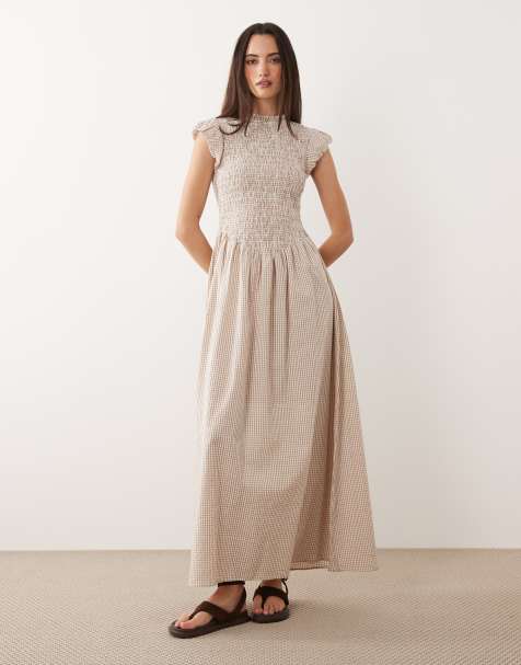 Brave Soul gingham midi dress in brown with ruched bodice and ruffle sleeves - view 1