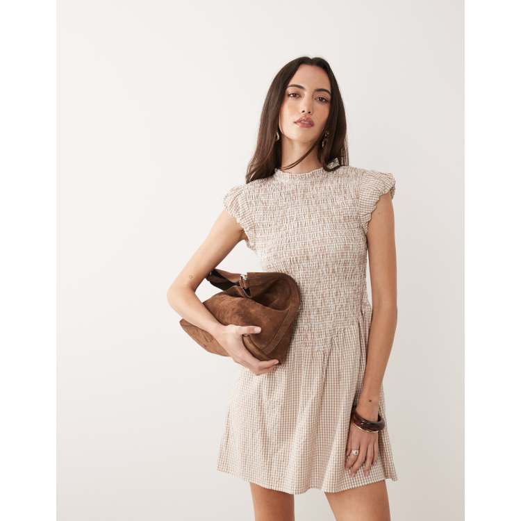brown gingham mini dress Brave Soul in with ruched bodice and puff sleeves 34” Bust ss25 not sale This is your sign Size:12-18 months US numeric