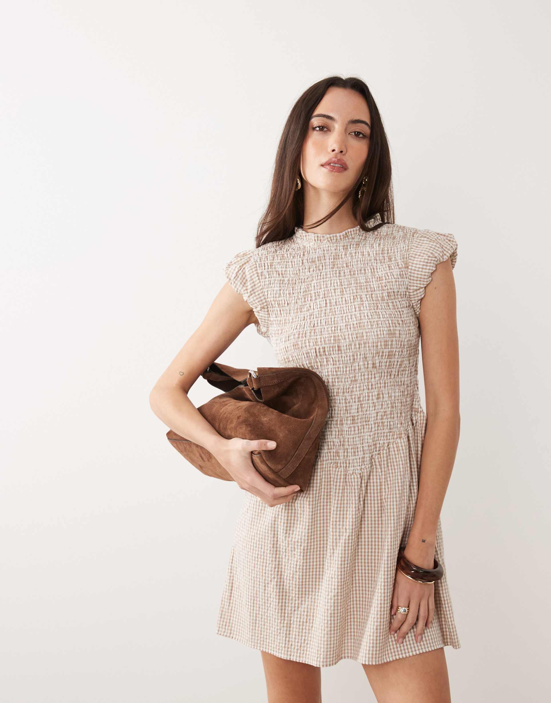 brave soul gingham mini dress in brown with ruched bodice and ruffle sleeves