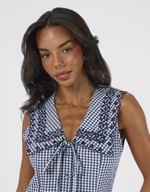 Brave Soul Gingham mini dress with oversized embroidered collar in navy, 2 of 4