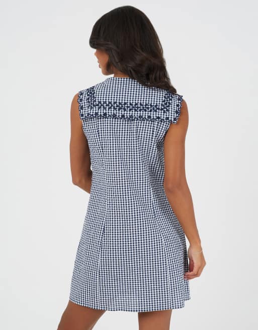 Brave Soul Gingham mini dress with oversized embroidered collar in navy, 3 of 4