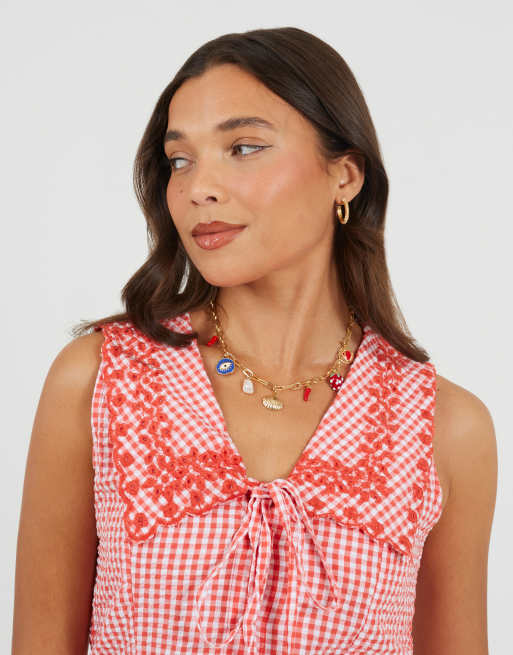 Brave Soul Gingham mini dress with oversized embroidered collar in red, 3 of 4