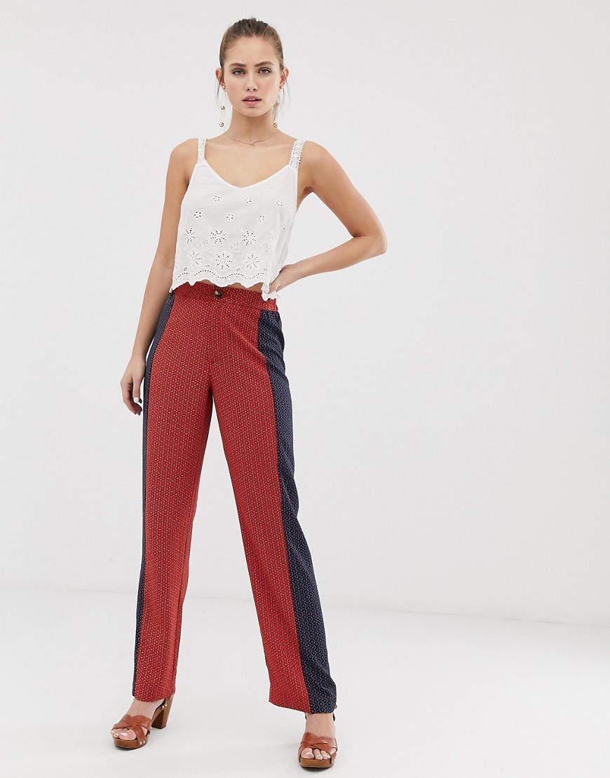 Brave Soul gitta wide leg trousers with contrast print panels-Red