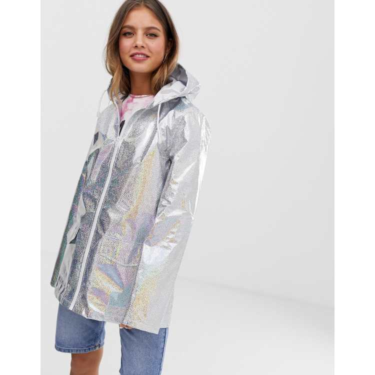 Brave Soul glitter holographic festival rain mac in silver ASOS