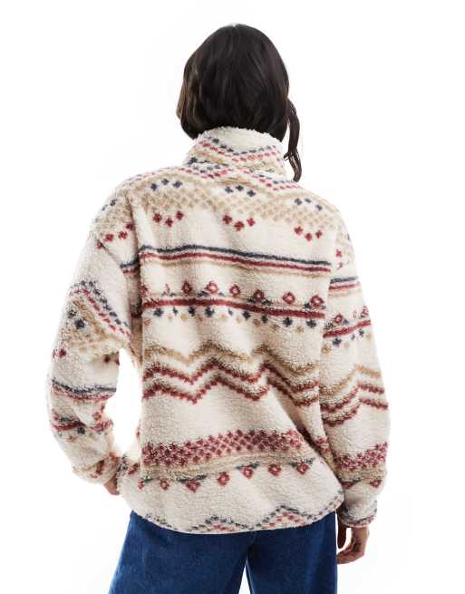 Brave Soul – Gräddvit, mönstrad sweatshirt i fleece med kort dragkedja, 2 av 4