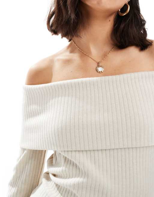 Brave Soul – Gräddvit, ribbad tröja med off shoulder, 4 av 4