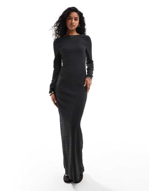Brave Soul long sleeve ribbed maxi dress in charcoal grey