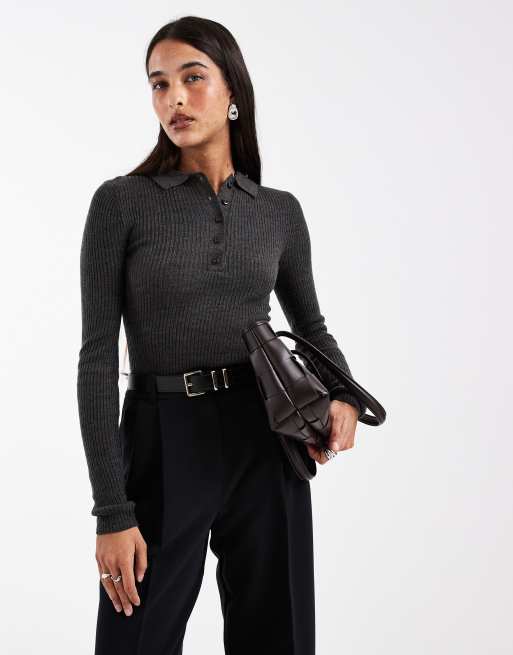 Brave Soul – Grafitowoszary zapinany na guziki top dzianinowy z kołnierzykiem polo i długimi rękawami