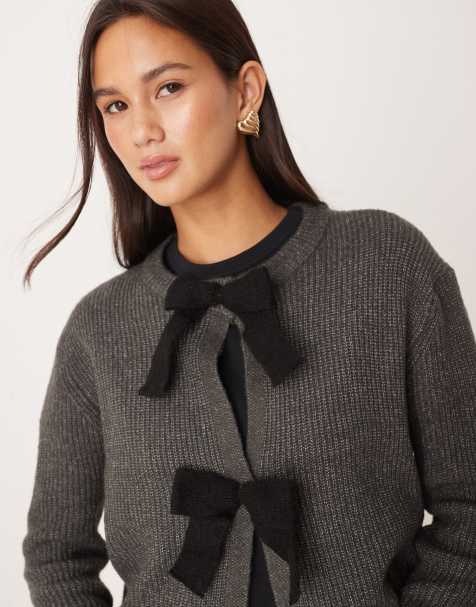 Brave Soul cardigan with velvet bow detail in charcoal