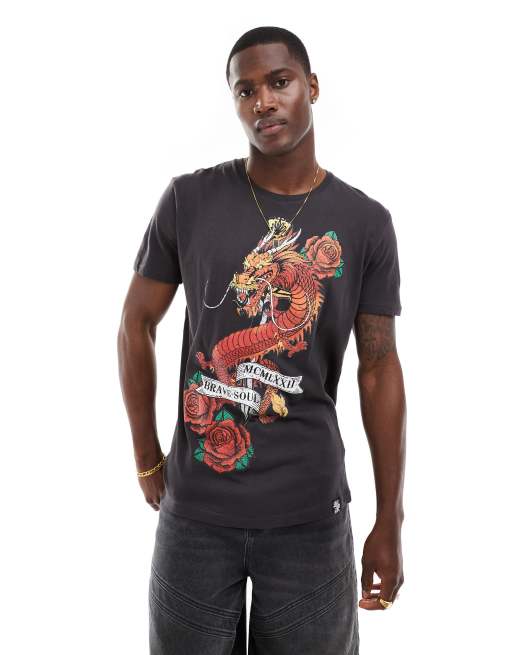 Brave Soul – Grafitowy T-shirt z okrągłym dekoltem i grafiką