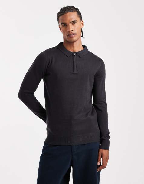 Brave Soul knitted ribbed quarter zip jumper in navy