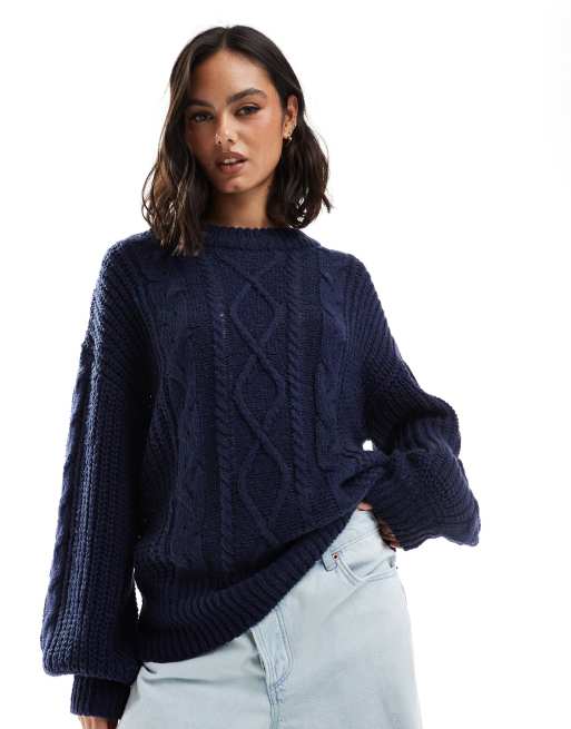 Brave Soul – Granatowy sweter oversize z dzianiny o warkoczowym splocie