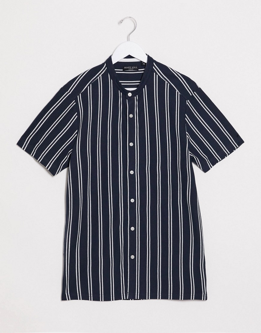 Brave Soul grandad collar short sleeve shirt in stripe-Multi