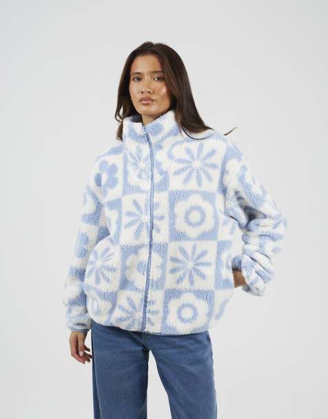 Brave Soul Graphic flower print zip through sherpa fleece in baby blue - view 1