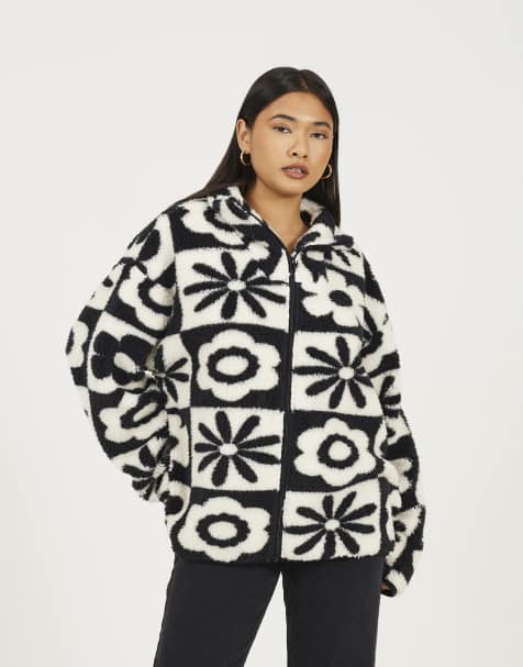 Brave Soul Graphic flower print zip through sherpa fleece in black - view 1