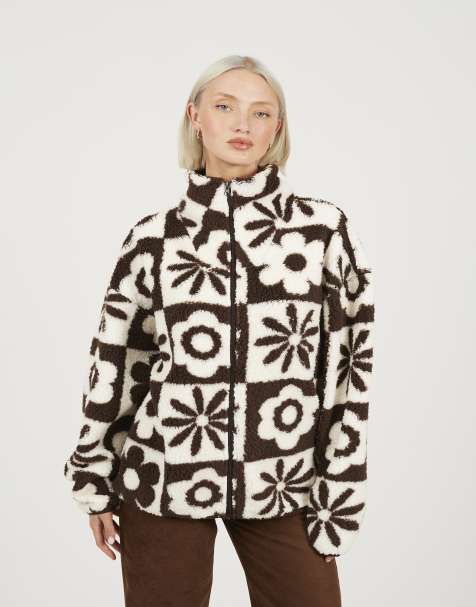 Brave Soul Graphic flower print zip through sherpa fleece in chocolate - view 1