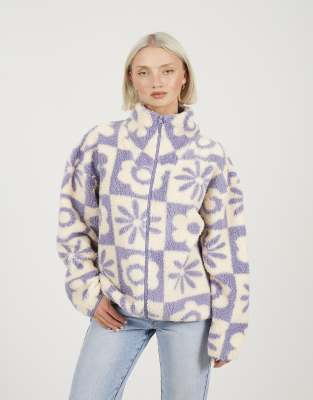 Brave Soul Graphic flower print zip through sherpa fleece in lilac
