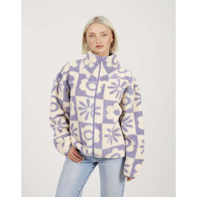 Brave Soul Graphic flower print zip through sherpa fleece in lilac