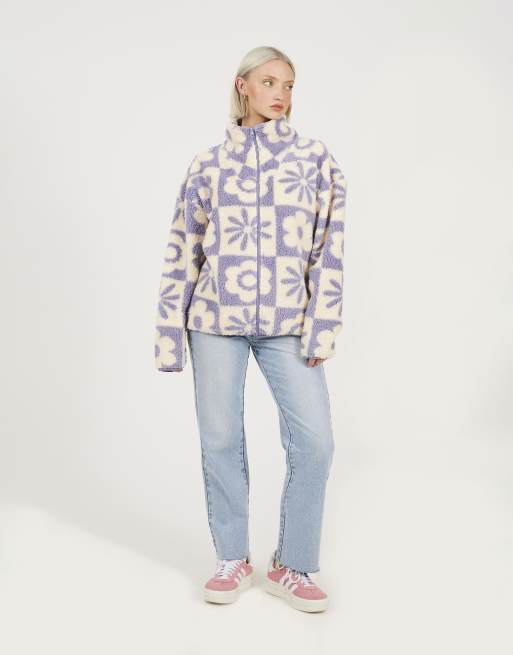 Brave Soul Graphic flower print zip through sherpa fleece in lilac