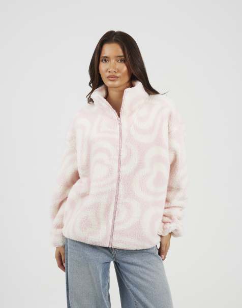 Brave Soul Graphic heart print zip through sherpa fleece in pale pink - view 1