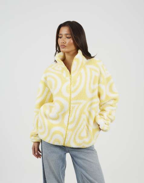Brave Soul Graphic heart print zip through sherpa fleece in yellow - view 1
