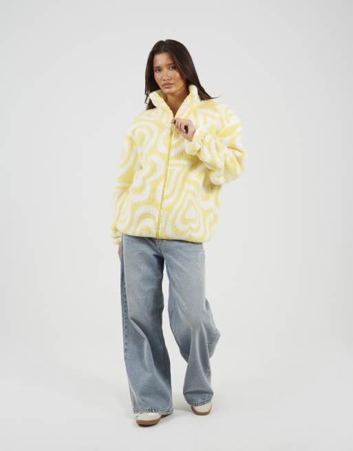 Brave Soul Graphic heart print zip through sherpa fleece in yellow, 2 of 4