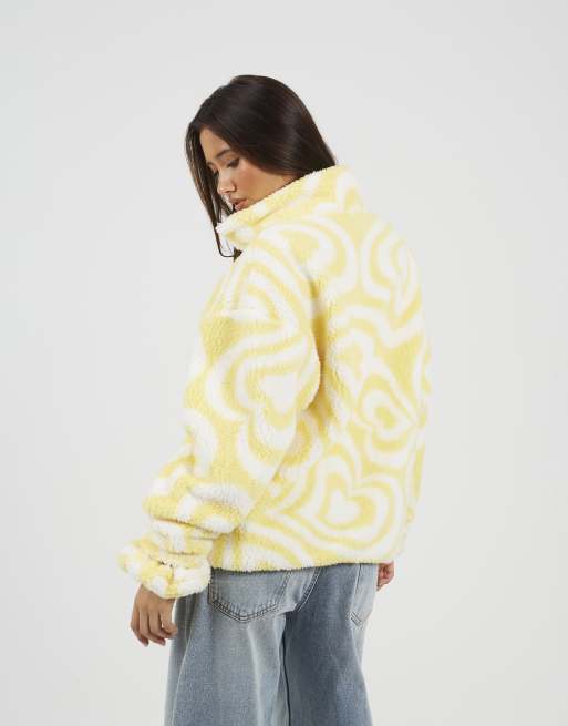 Brave Soul Graphic heart print zip through sherpa fleece in yellow, 3 of 4