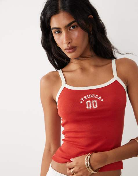 Brave Soul graphic print cropped singlet with contrast piping in red and cream - view 1