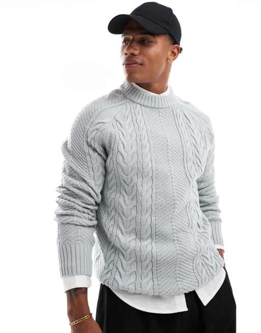 Brave Soul – Grober Strickpullover in Hellgrau mit Zopfmuster