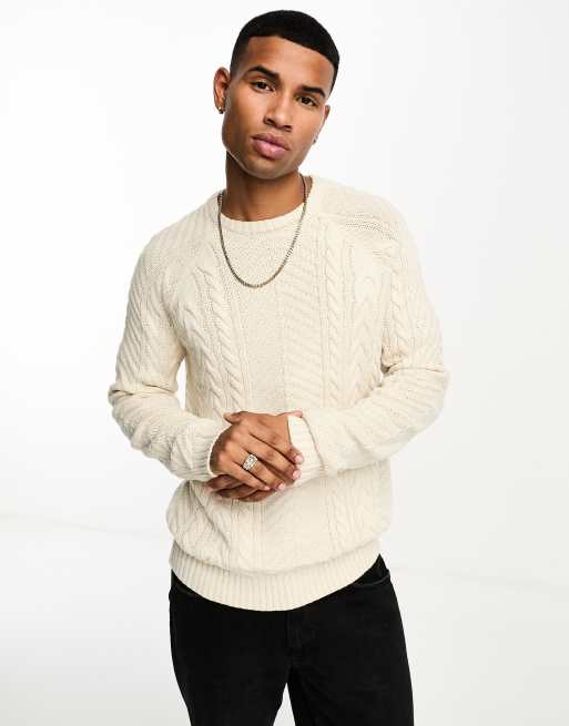 Brave Soul – Grobstrickpullover in Hellbeige mit Zopfmuster