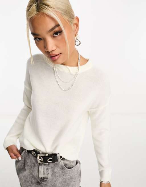 Brave Soul grunge crew neck jumper in white