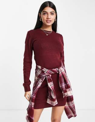 Brave Soul grunge crew neck sweater dress in burgundy-Red