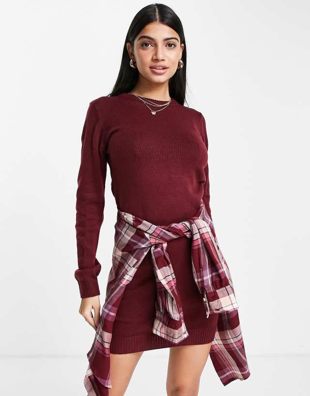 Brave Soul grunge crew neck sweater dress in burgundy