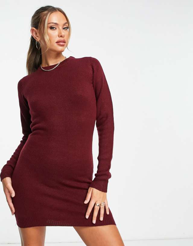 Brave Soul grungy crew neck sweater dress in burgundy