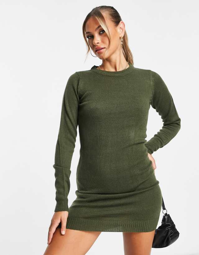 Brave Soul grungy crew neck sweater dress in khaki