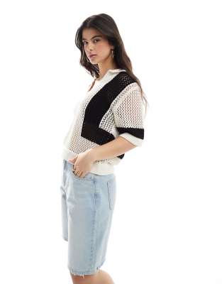 Brave Soul - Häkelstrick-Shirt in Creme und Schwarz-Weiß