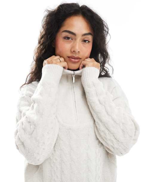 Brave Soul half zip cable knit jumper in oat - view 1
