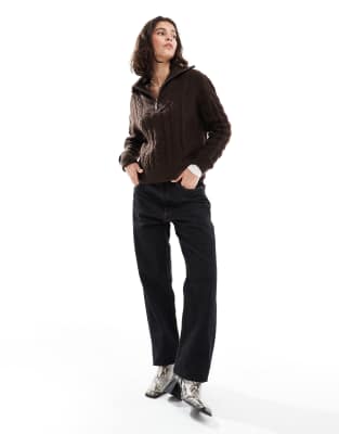 Brave Soul Half Zip Cable Knit Sweater In Brown