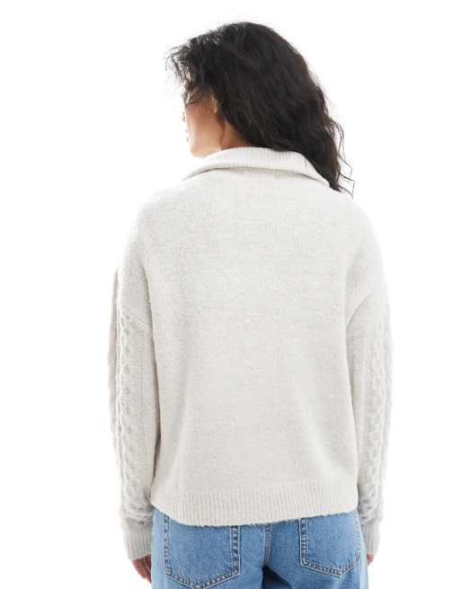 Brave Soul half zip cable knit sweater in oat, 3 of 4