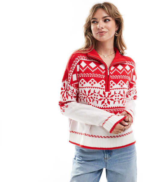 Brave Soul half zip fair isle jumper in red - view 1