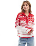 [Brave Soul] Brave Soul half zip fair isle jumper in red 16 RED
