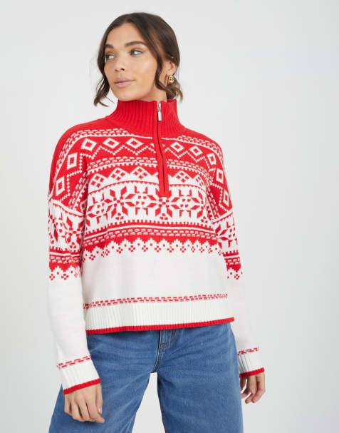 Brave Soul Half zip fairisle jumper in red - view 1