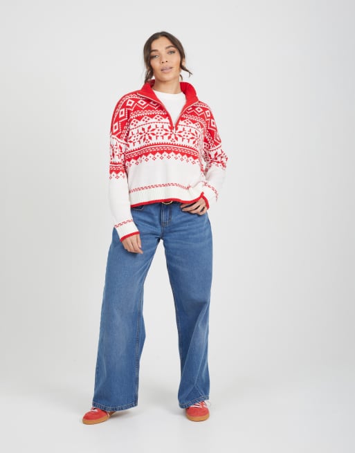 Brave Soul Half zip fairisle jumper in red, 3 of 4