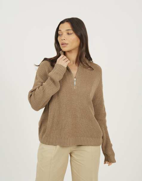 Brave Soul Half zip funnel neck fisherman knit jumper in beige